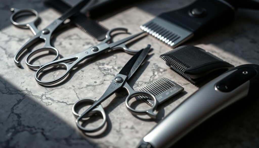 a close-up shot of an assortment of professional hair cutting tools, including sharp scissors, a metal comb, and a high-quality clipper, all arranged neatly on a gray marble countertop. The tools are lit from the side, casting dramatic shadows and highlights that emphasize their sleek, modern design. The image has a clean, minimalist aesthetic, with a muted color palette of grays, blacks, and silvers, creating a sense of sophistication and precision. The overall composition draws the viewer's attention to the essential tools needed to achieve the trendy wolf cut hairstyle.