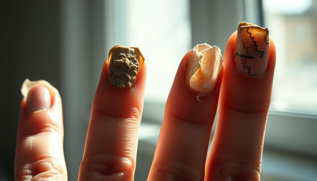 a close-up shot of several damaged, discolored nails with peeling, cracked, and brittle nail beds, illuminated by soft, diffused natural lighting from a window, creating a somber, realistic mood that conveys the vulnerability and delicacy of the nails, set against a clean, minimalist background that allows the nail imperfections to take center stage, captured with a macro lens to emphasize the intricate details and textures of the damaged nail structure a close-up shot of several damaged, discolored nails with peeling, cracked, and brittle nail beds, illuminated by soft, diffused natural lighting from a window, creating a somber, realistic mood that conveys the vulnerability and delicacy of the nails, set against a clean, minimalist background that allows the nail imperfections to take center stage, captured with a macro lens to emphasize the intricate details and textures of the damaged nail structure