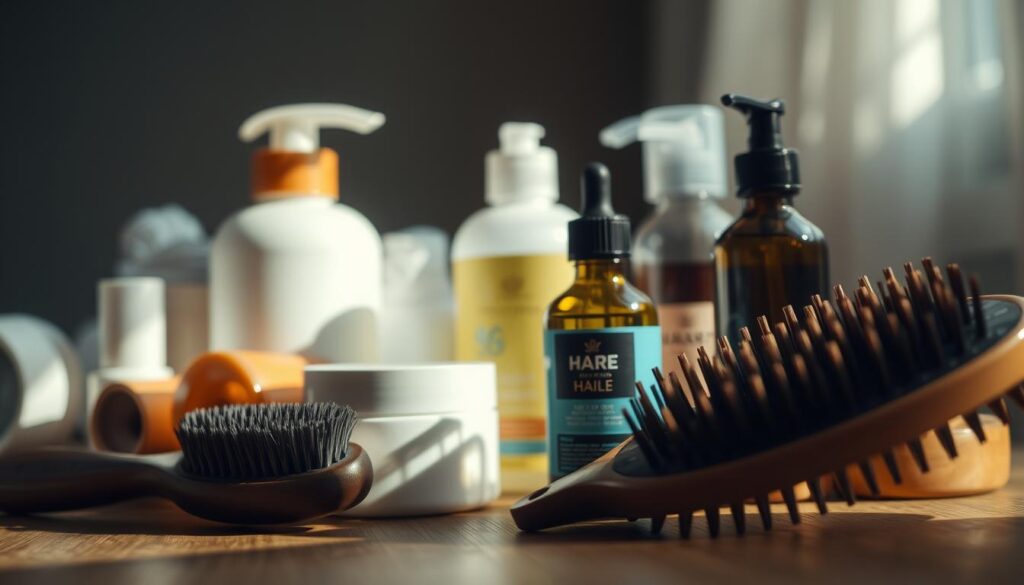 a close-up shot of various hair care products arranged on a wooden surface, such as shampoo bottles, conditioner, hair oil, and a hairbrush. The lighting is soft and natural, creating a warm and inviting atmosphere. The focus is on the products, showcasing their textures, colors, and packaging design. The background is slightly blurred, allowing the hair care items to take center stage. The overall mood is one of self-care, relaxation, and the importance of maintaining a healthy hair routine. a close-up shot of various hair care products arranged on a wooden surface, such as shampoo bottles, conditioner, hair oil, and a hairbrush. The lighting is soft and natural, creating a warm and inviting atmosphere. The focus is on the products, showcasing their textures, colors, and packaging design. The background is slightly blurred, allowing the hair care items to take center stage. The overall mood is one of self-care, relaxation, and the importance of maintaining a healthy hair routine.