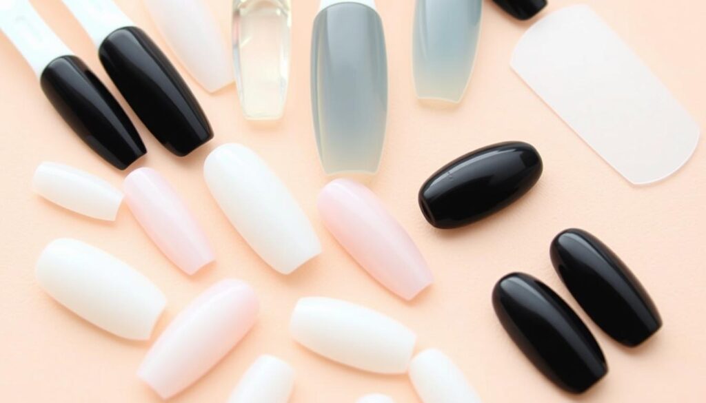 a close-up shot of various types of artificial nails, including acrylic, gel, and press-on nails, displayed on a clean, neutral background. The nails should be shown in natural lighting, highlighting their textures, shapes, and finishes, such as matte, glossy, or embellished. The composition should be visually balanced, with the nails arranged in an organized and aesthetically pleasing manner, allowing the viewer to clearly understand the different artificial nail options and their characteristics. The overall mood should be informative and educational, reflecting the subject of the article's section on "Understanding Fake Nails and Their Challenges". a close-up shot of various types of artificial nails, including acrylic, gel, and press-on nails, displayed on a clean, neutral background. The nails should be shown in natural lighting, highlighting their textures, shapes, and finishes, such as matte, glossy, or embellished. The composition should be visually balanced, with the nails arranged in an organized and aesthetically pleasing manner, allowing the viewer to clearly understand the different artificial nail options and their characteristics. The overall mood should be informative and educational, reflecting the subject of the article's section on "Understanding Fake Nails and Their Challenges".