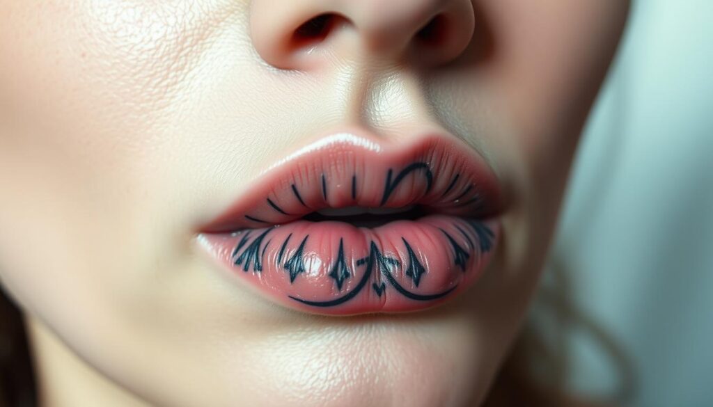 a close-up view of human lips with a tattoo design, against a soft, blurred background. The tattoo is visible, with intricate patterns and lines, showcasing the potential risks and side effects of lip tattoos. The lighting is natural, gently illuminating the subject. The focus is sharp on the lips, drawing the viewer's attention to the delicate details of the tattoo. The overall mood is one of caution, highlighting the potential complications and long-term implications of this type of body modification.