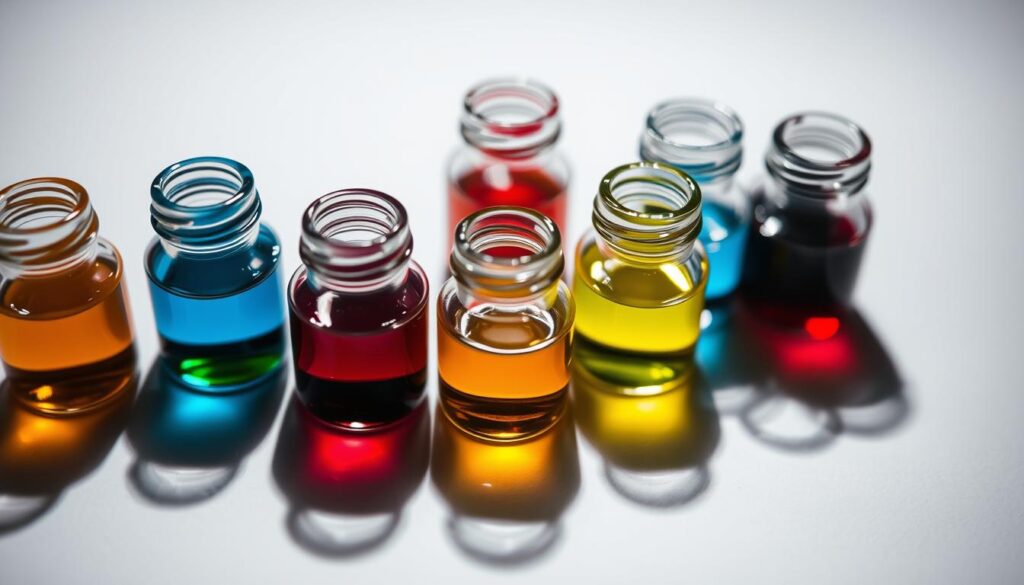 a close-up view of several small glass vials filled with different colored liquids, representing the diverse range of pigments and ingredients used in tattoo inks. The vials are arranged neatly on a clean, white surface, casting subtle shadows. The lighting is soft and diffused, highlighting the translucency and vibrancy of the inks. The scene conveys a sense of scientific curiosity and attention to detail, inviting the viewer to examine the complex composition of these essential tattoo materials.