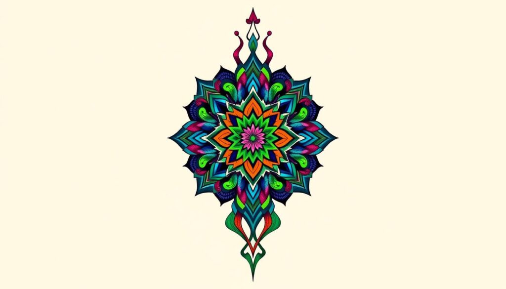 a colorful geometric tattoo design with intricate patterns and shapes, featuring a kaleidoscope of vibrant hues including blues, greens, reds, and purples. the design is rendered in a highly detailed, lifelike style with a crisp, high-resolution appearance. the tattoo is shown against a plain, neutral background to allow the stunning visual elements to take center stage. the overall composition exudes a sense of balance, symmetry, and mesmerizing visual appeal.
