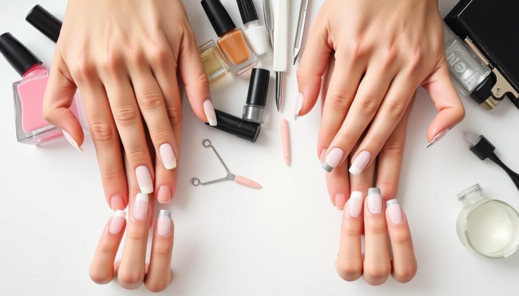 a comparison of gel and acrylic nails on a white background, shot from above with natural lighting. In the foreground, a woman's hands are displayed, one showcasing a set of gel nails and the other acrylic nails. The gel nails have a glossy, smooth finish, while the acrylic nails have a more textured, matte appearance. The middle ground features a selection of nail polish bottles, tools, and other manicure accessories to highlight the materials and process involved in each nail type. The background is clean and minimalist, allowing the focus to remain on the nail comparison. The overall tone is informative and visually appealing, suitable for illustrating the differences between gel and acrylic nails. a comparison of gel and acrylic nails on a white background, shot from above with natural lighting. In the foreground, a woman's hands are displayed, one showcasing a set of gel nails and the other acrylic nails. The gel nails have a glossy, smooth finish, while the acrylic nails have a more textured, matte appearance. The middle ground features a selection of nail polish bottles, tools, and other manicure accessories to highlight the materials and process involved in each nail type. The background is clean and minimalist, allowing the focus to remain on the nail comparison. The overall tone is informative and visually appealing, suitable for illustrating the differences between gel and acrylic nails.