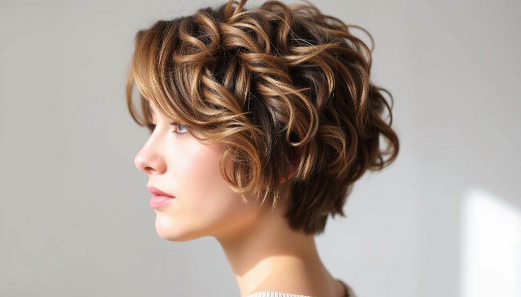 a curly wolf cut hairstyle on a young woman with medium-length hair, close-up portrait shot with soft, natural lighting from the side, capturing the texture and definition of the layers and waves, creating a stylish, trendy, and versatile look that flatters the subject's facial features and emphasizes the asymmetrical, shaggy, and voluminous nature of the wolf cut, set against a clean, minimalist background that allows the hairstyle to be the focal point