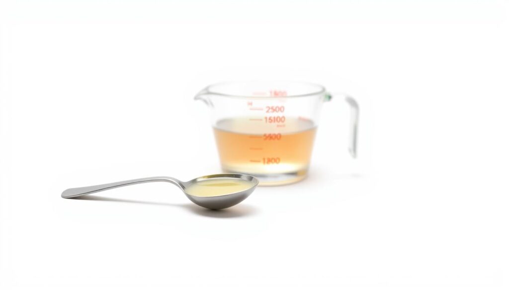 a detailed and accurate illustration of a tablespoon to cup conversion, with a clean, minimalist design. centered on a white background, a tablespoon and a measuring cup are prominently displayed, both filled with a liquid substance. the tablespoon is in the foreground, slightly tilted, casting a soft shadow. the measuring cup is in the middle ground, its markings clearly visible. the lighting is soft and diffused, creating a sense of depth and dimensionality. the overall mood is one of informative clarity, conveying the concept of measurement conversion in a visually appealing and easy-to-understand manner.