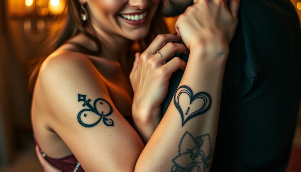 a detailed and dynamic scene of a couple's interlocking tattoos, captured in a close-up, high-resolution composition. The tattoos are intricate, symbolic designs that intertwine and flow seamlessly across the subjects' skin, representing their deep, everlasting connection. The lighting is soft and romantic, creating a warm, intimate atmosphere. The subjects' poses and expressions convey a sense of love, devotion, and the joy of shared experience. The background is slightly blurred, keeping the focus on the mesmerizing tattoo artwork. The overall aesthetic is visually striking, simultaneously capturing the personal significance and pop culture appeal of these soulmate-inspired designs.