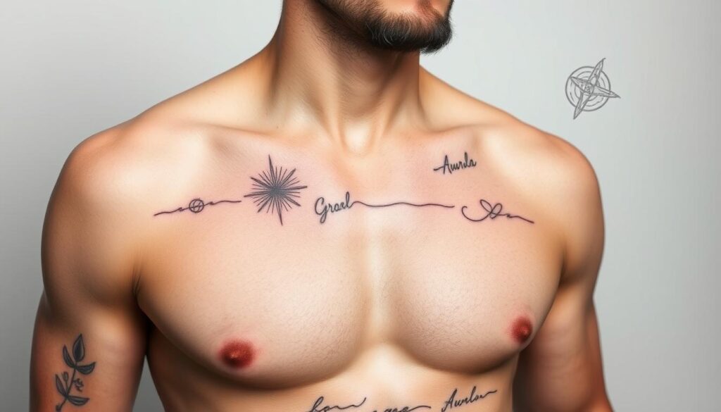 a detailed and realistic image of a diverse collection of simple line tattoo designs for men, showcased against a clean, minimalist background. the tattoos should be depicted in a thoughtful, artistic manner, highlighting their elegance and versatility. the lighting should be soft and flattering, creating a calming, contemplative atmosphere. the camera angle should be slightly elevated, allowing the viewer to appreciate the intricate linework and clean aesthetic of the tattoos. the overall composition should convey the benefits of choosing line tattoos, such as their timeless appeal, subtle symbolism, and ability to complement a variety of body types and personal styles.