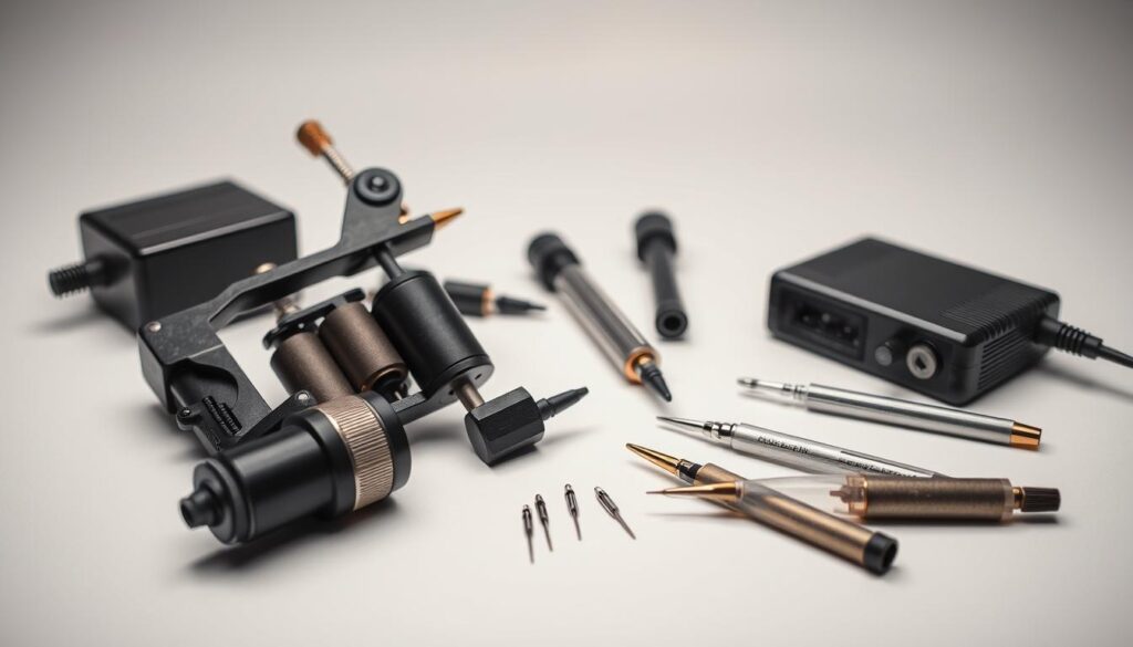 a detailed and technical still life photo of various tattoo machine components and tools, including a tattoo gun, needles, tubes, grips, and power supply, shot in a well-lit studio setting with a clean, white backdrop, showcasing the intricate mechanical details and textures of these essential tattoo instruments, with a sense of precision, craftsmanship, and professional-grade quality
