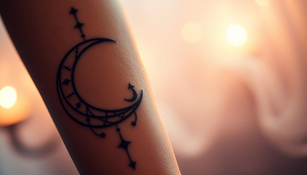 a detailed celestial tattoo design with a crescent moon, stars, and subtle cosmic elements in the foreground, set against a soft, hazy, and ethereal background with a warm, glowing lighting effect, creating a mystical and tranquil atmosphere, captured from a close-up angle with a shallow depth of field to emphasize the intricate details of the tattoo design