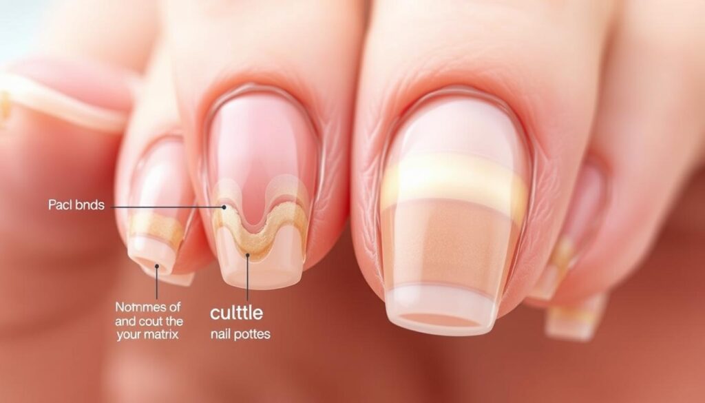 a detailed close-up illustration of human fingernails, showing the different layers and components that contribute to nail moisture balance, such as the nail matrix, nail bed, and cuticle, with a focus on how disruptions to these structures can lead to brittleness and dryness. The image should have a scientific, educational feel, with a neutral color palette and soft, natural lighting to highlight the delicate structures. The composition should be well-balanced, with the nails taking up the majority of the frame and the background blurred to emphasize the subject. The level of detail should be high, allowing viewers to clearly understand the underlying causes of nail brittleness.