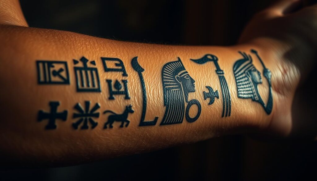 a detailed close-up shot of several egyptian-style tattoos on a tanned human forearm, with hieroglyphic symbols, scarab beetles, pharaoh profiles, and other iconic ancient egyptian motifs carefully rendered in a realistic, high-contrast black ink style, with an atmospheric warm lighting casting dramatic shadows, shot with a shallow depth of field to emphasize the intricate tattoo designs