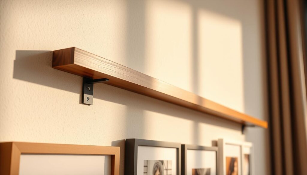 a detailed close-up view of a picture rail system, showcasing a sturdy, wooden rail mounted flush against a light-colored, textured wall, designed to support and display a collection of framed artwork and photographs. The rail features a sleek, minimalist profile with a smooth, satin finish, complementing the elegant, modern aesthetic. The scene is illuminated by warm, natural lighting, casting soft shadows that accentuate the dimensional details of the rail and the surrounding wall. The overall composition emphasizes the versatility and functionality of the picture rail system, making it an ideal solution for effortlessly curating and rearranging a visually cohesive display of artwork without the need for nails or other permanent wall fixtures.