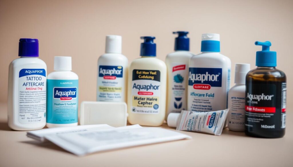 a detailed comparison of various tattoo aftercare products, including Aquaphor, displayed on a neutral background with soft, even lighting, captured with a macro lens to showcase the textures and packaging of the products. The scene features the products neatly arranged in the foreground, with a clean, minimalist aesthetic that allows the viewer to clearly assess and compare the different options. The mood is professional and informative, conveying the importance of proper tattoo aftercare. a detailed comparison of various tattoo aftercare products, including Aquaphor, displayed on a neutral background with soft, even lighting, captured with a macro lens to showcase the textures and packaging of the products. The scene features the products neatly arranged in the foreground, with a clean, minimalist aesthetic that allows the viewer to clearly assess and compare the different options. The mood is professional and informative, conveying the importance of proper tattoo aftercare.