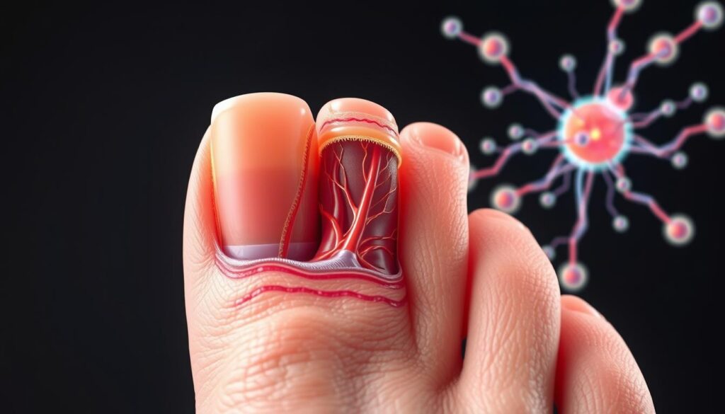a detailed cross-section view of the human nail and surrounding skin, showcasing the relationship between hormones and nail growth. the foreground displays the nail structure, including the nail matrix, nail bed, and cuticle, rendered in a realistic and anatomical style. the middle ground features a network of blood vessels and nerves, symbolizing the internal biological processes that influence nail development. the background depicts a stylized hormonal system, with cascading molecular structures and glowing energy fields, emphasizing the role of hormones in regulating nail growth. the lighting is soft and diffused, creating a sense of scientific exploration and discovery. the overall composition is balanced and harmonious, inviting the viewer to explore the intricate connection between internal bodily functions and the health of the nails.