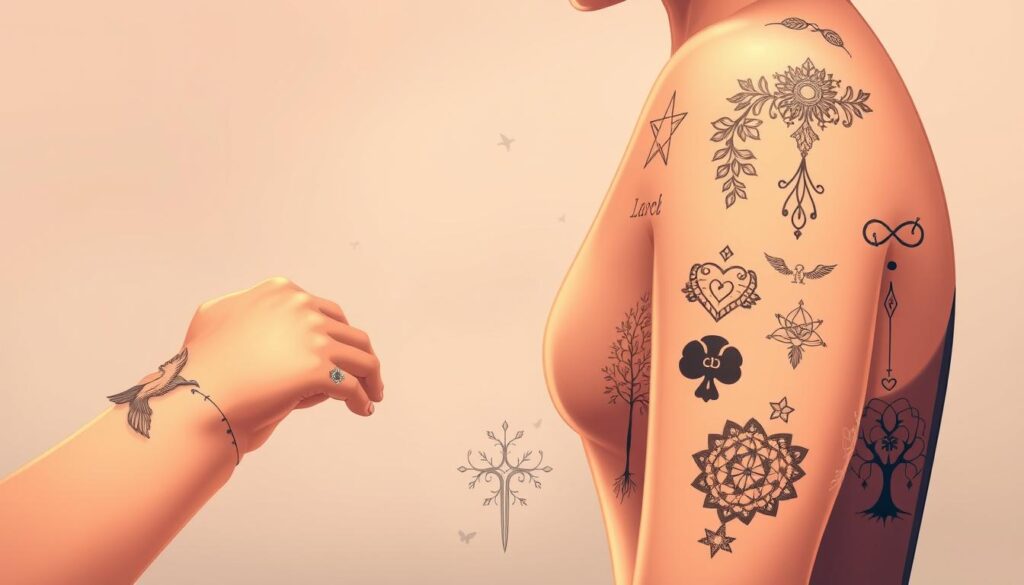 a detailed digital illustration of intricate addiction recovery tattoos, featuring a prominent foreground of delicately inked symbols and designs that represent the journey of overcoming addiction - such as phoenix rising from the ashes, the infinity symbol, or a tree of life. The middle ground showcases the diverse placement of these tattoos on the body, spanning areas like the wrist, arm, or back, each with their own unique personal meaning. The background gently blurs into a serene, muted color palette that evokes a sense of calm, healing, and hope. The lighting is soft and diffused, casting a warm glow that highlights the intricate linework and shading of the tattoo designs. The overall composition and tone convey the powerful symbolism and deeply personal nature of addiction recovery tattoos as a source of strength and resilience.