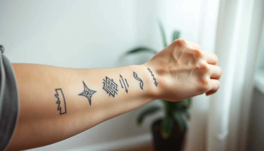 a detailed, high-resolution image of a male forearm with various minimalist line tattoo designs, shot in a natural, soft lighting environment with a shallow depth of field to focus attention on the intricate tattoo patterns. The tattoos should feature clean, simple lines in a variety of geometric shapes, patterns, and abstract motifs, with a focus on elegant, understated elegance. The forearm should be positioned at a slight angle to showcase the tattoos, with the skin tone and texture providing a natural, unobtrusive backdrop. The overall mood should convey a sense of personal expression, understated style, and the art of minimalist body art.
