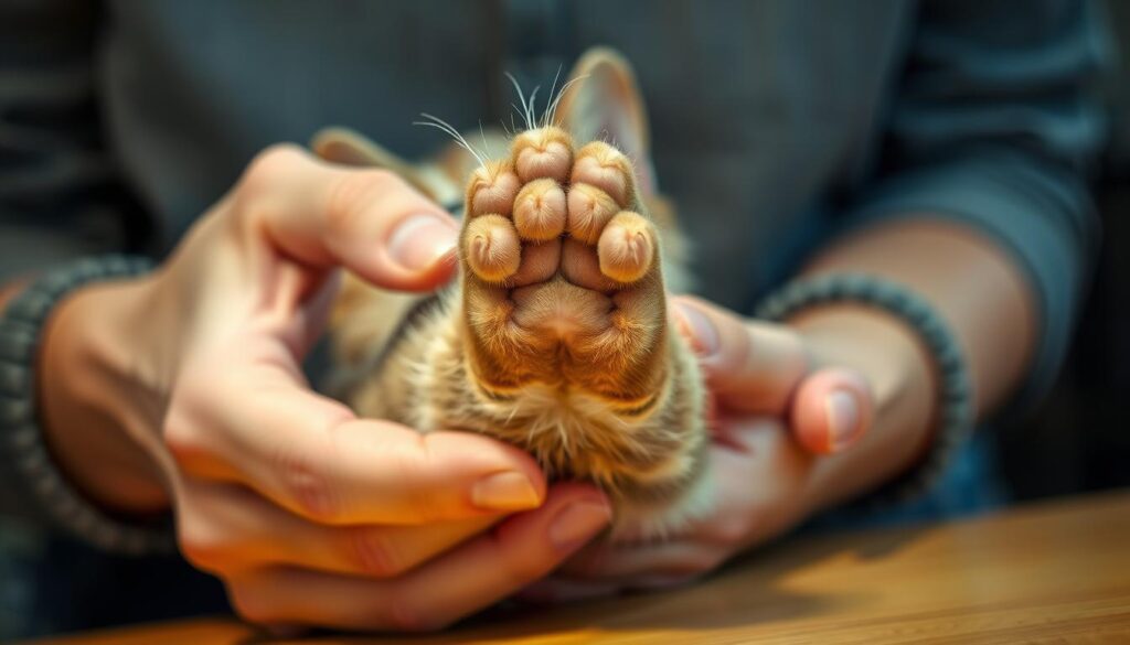 a detailed, high-resolution, photorealistic image of a person's hands gently holding a cat's paw in a safe, calm trimming position. The cat's paw is extended, revealing its sharp nails. The hands are positioned in a controlled, steady manner, with the cat's paw resting comfortably. The scene is well-lit, with warm, soft lighting that highlights the texture of the cat's fur and the person's skin. The background is blurred, placing the focus on the delicate process of nail trimming. The overall mood is one of care, patience, and attention to detail, capturing the importance of safely cutting a cat's nails.