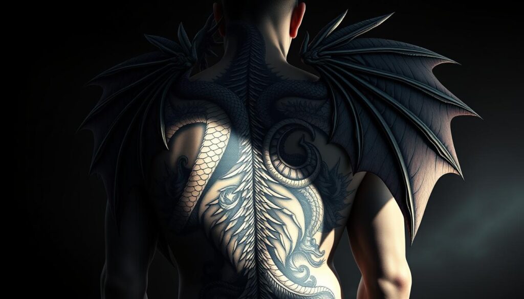 a detailed, highly realistic digital illustration of a stunning, large-scale back tattoo design, featuring a majestic mythical dragon with intricate, flowing scales and powerful wings that stretch across the entire back, bathed in dramatic, dramatic lighting that casts dramatic shadows, creating a captivating and visually striking composition that showcases the beauty and artistry of tattoo design as a form of self-expression and bodily canvas