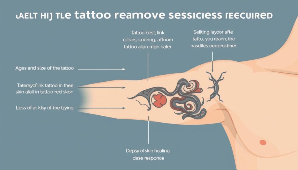 a detailed illustration depicting the key factors that influence the number of tattoo removal sessions required, including the age and size of the tattoo, the ink colors used, the depth of the tattoo in the skin, and the individual's skin type and healing response, all rendered in a clean, technical style with a neutral color palette, precise linework, and subtle lighting to convey a sense of clinical objectivity