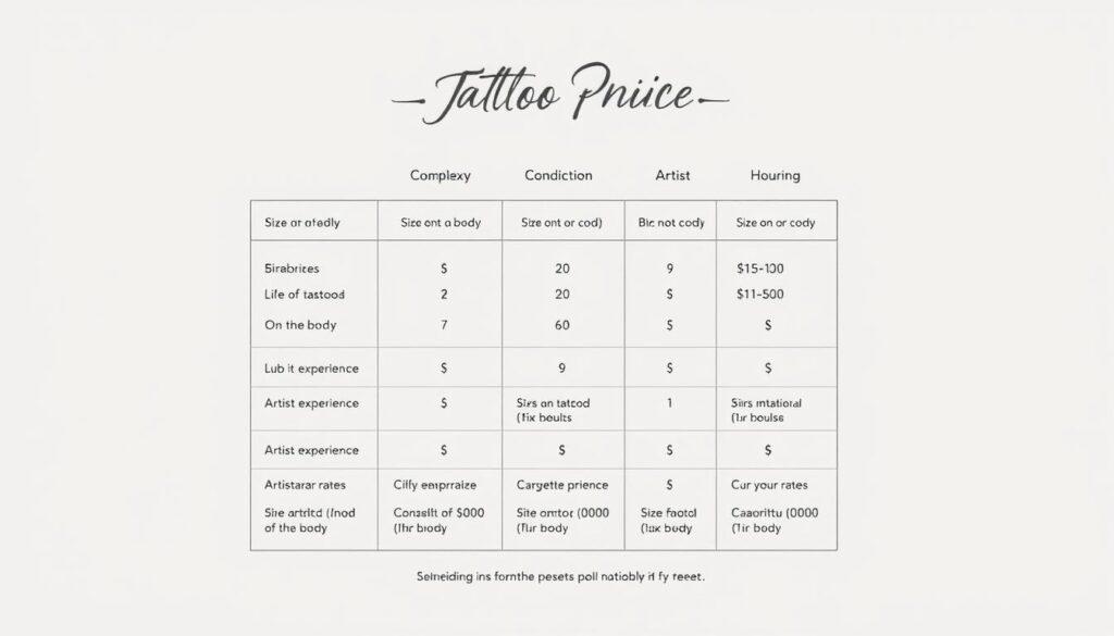 a detailed illustration of a tattoo pricing structure, showing a clear breakdown of the various factors that influence the cost of a tattoo, such as size, complexity, location on the body, artist experience, and hourly rates. the image should have a clean, minimalist design with a light, neutral color palette, conveying a sense of professionalism and clarity. the layout should be well-organized, with different pricing tiers or categories presented in a visually appealing and easy-to-understand manner. the overall tone should be informative and educational, helping viewers gain a better understanding of how tattoo pricing works.