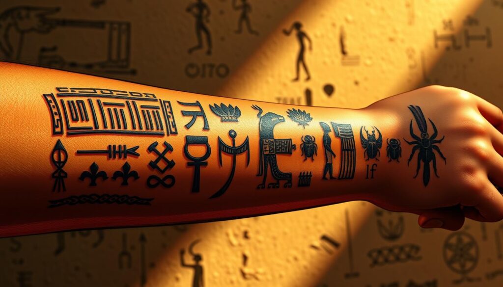 a detailed illustration of ancient egyptian tattoo symbols and their esoteric meanings, featuring a close-up view of a forearm with intricately designed tattoos depicting a hieroglyphic script, sacred lotus flowers, ankhs, scarab beetles, and other iconic egyptian motifs. the tattoos are rendered in a rich, earthy color palette with warm lighting that casts dramatic shadows, creating a sense of depth and dimension. the background is slightly blurred, placing the focus on the detailed tattoo designs. the overall tone is reverent and mystical, capturing the deep spiritual significance of these ancient symbols.
