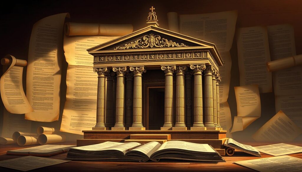 a detailed illustration of the levitical law context, featuring a temple-like structure with ornate columns and decorative elements, set against a backdrop of ancient scrolls and parchments, creating an atmosphere of scholarly study and religious tradition. The lighting is warm and subdued, casting soft shadows and highlighting the intricate details of the architecture. The composition emphasizes the connection between the physical and spiritual realms, with a sense of timelessness and reverence for the historical significance of the subject matter.