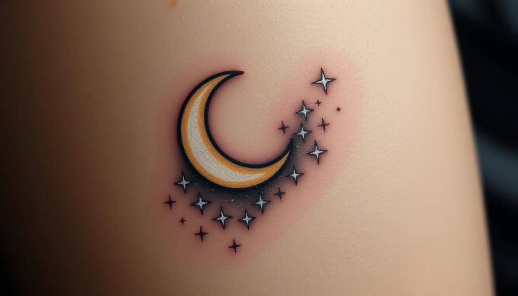 a detailed, intricate, and ethereal tattoo design featuring a crescent moon and an array of twinkling stars, set against a dark, moody, and atmospheric night sky. The moon is rendered with a soft, luminous glow, casting a gentle light over the delicate star formations that surround it. The design has a beautifully balanced composition, with the moon and stars positioned in a visually striking arrangement. The overall aesthetic is both whimsical and serene, evoking a sense of wonder and tranquility. The tattoo is expertly rendered, with a high level of detail and precision, making it an ideal choice for a small, nature-inspired body art piece.