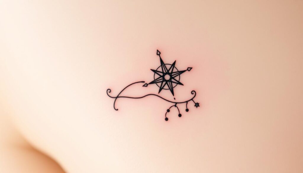 a detailed, intricate tattoo design with meaningful symbolism and imagery, rendered in a delicate, minimalist style against a soft, ethereal background. the design features a series of interconnected line-work elements, such as a compass rose, a flowing ribbon, and a series of small dots or stars, conveying a sense of direction, journey, and interconnectedness. the overall impression is one of subtle elegance and personal significance, suitable as a small, meaningful tattoo for women or men.