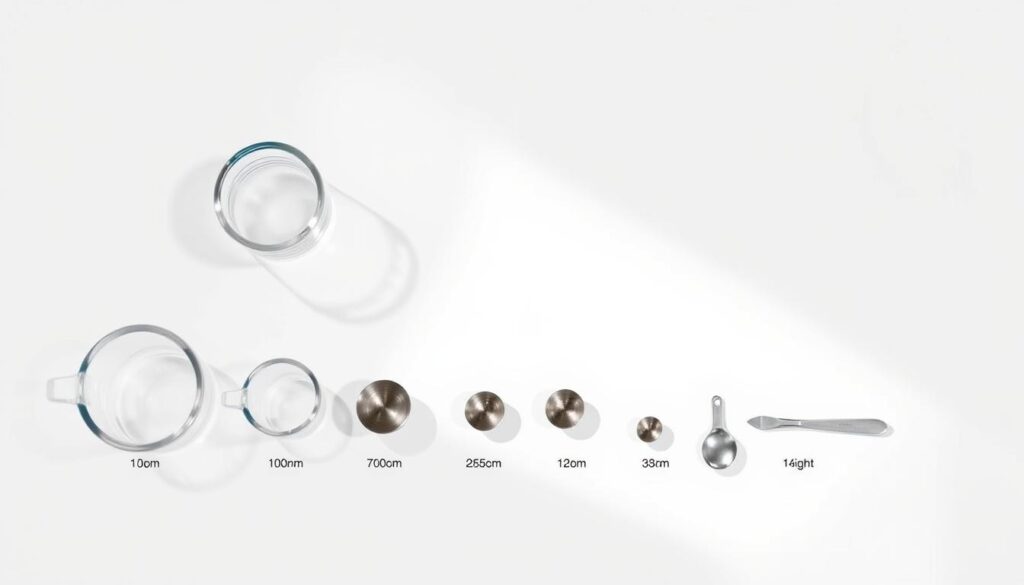 a detailed, photorealistic illustration of various cooking measurement conversions, including cups, tablespoons, and teaspoons, arranged in a clean, organized layout on a bright, minimalist background. The measurements are clearly labeled and presented in a way that highlights the relationship between volume and weight. The scene is illuminated by soft, natural lighting that casts gentle shadows, creating a sense of depth and dimension. The overall composition is balanced and visually appealing, with a crisp, high-resolution quality that makes the details easy to read and understand.