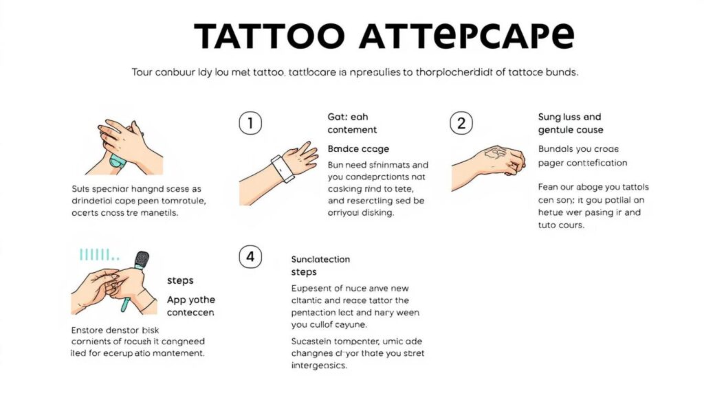 a detailed, realistic illustration of the steps for proper tattoo aftercare, presented in a clean, informative layout. the image shows a series of 4-5 steps laid out in a grid or sequential format, each step depicted with a clear visual and minimal accompanying text. the steps should cover essential aftercare procedures such as gentle cleaning, application of ointment, bandage changes, and sun protection. the overall scene has a bright, clinical lighting and a neutral, white background to emphasize the instructional nature of the content. the illustration should convey a sense of professionalism and authority on the subject of responsible tattoo maintenance.