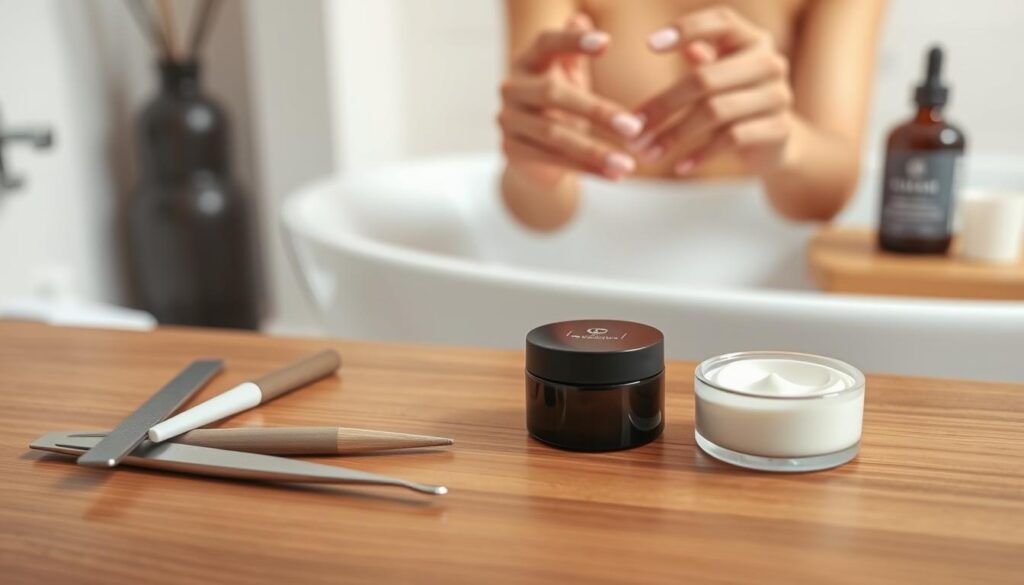 a detailed, realistic image of a nail aftercare routine, shot in soft, natural lighting. in the foreground, several nail care tools are neatly arranged on a wooden surface, including a nail file, cuticle pusher, and moisturizing cream. in the middle ground, a pair of hands gently massaging cuticle oil into freshly painted nails. the background depicts a minimalist bathroom setting, with a calming, spa-like atmosphere. the image conveys a sense of relaxation and self-care, with a focus on proper nail maintenance after removing press-on nails. a detailed, realistic image of a nail aftercare routine, shot in soft, natural lighting. in the foreground, several nail care tools are neatly arranged on a wooden surface, including a nail file, cuticle pusher, and moisturizing cream. in the middle ground, a pair of hands gently massaging cuticle oil into freshly painted nails. the background depicts a minimalist bathroom setting, with a calming, spa-like atmosphere. the image conveys a sense of relaxation and self-care, with a focus on proper nail maintenance after removing press-on nails.