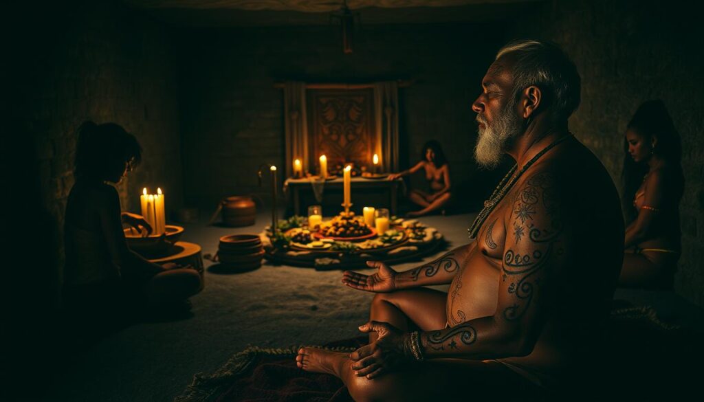 a detailed scene of ancient body modification practices, set in a dimly lit, archaeological chamber. In the foreground, the focus is on the intricate patterns and symbols etched into the skin of a figure, perhaps a shaman or tribal elder, sitting cross-legged and deep in meditative trance. The middle ground reveals a ritual altar adorned with candles, herbs, and mystical implements, while the background showcases the shadowy silhouettes of other individuals engaged in various body modification rituals. The lighting is moody and atmospheric, casting dramatic shadows and highlights across the scene, evoking a sense of reverence and the mystic.