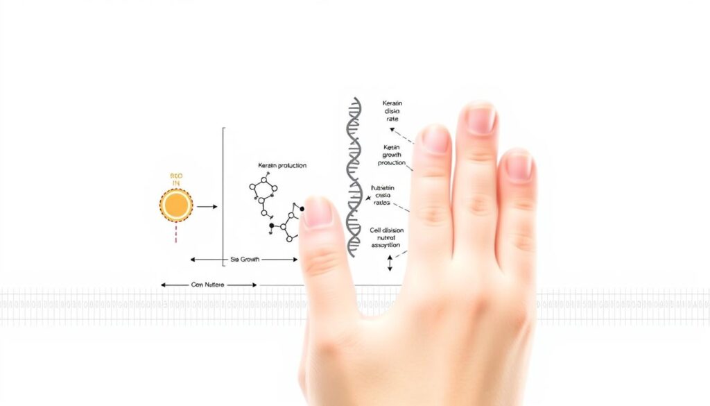 a detailed, scientifically accurate diagram of the genetic factors influencing nail growth, set against a clean white background. the foreground should clearly illustrate the key biological mechanisms and processes that contribute to rapid nail development, such as keratin production, cell division rates, and nutrient absorption. the middle ground should show stylized molecular structures and genetic sequences related to nail growth, with a minimalist, technical aesthetic. the background should have a subtle grid or graph-paper pattern to evoke a sense of scientific analysis. lighting should be bright and evenly distributed to maximize clarity, with a sharp, high-resolution lens capturing fine anatomical details. the overall mood should be informative and educational, conveying the complex interplay of genetics and physiology that underlies accelerated nail growth.