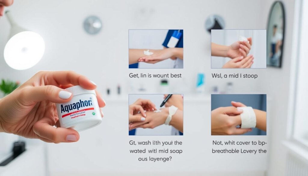 a detailed step-by-step guide showing the proper tattoo aftercare routine, with a clean and well-lit studio setting. In the foreground, a hand carefully applying a thin layer of Aquaphor ointment to a freshly-inked tattoo, highlighting the soothing and moisturizing effects. In the middle ground, additional steps are displayed, such as gently washing the tattoo with a mild soap and water, patting it dry, and covering it with a breathable bandage. The background features a sterile, minimalist workspace with medical-grade supplies, conveying a sense of professionalism and care. The overall mood is one of attentiveness and attention to detail, emphasizing the importance of proper tattoo aftercare. a detailed step-by-step guide showing the proper tattoo aftercare routine, with a clean and well-lit studio setting. In the foreground, a hand carefully applying a thin layer of Aquaphor ointment to a freshly-inked tattoo, highlighting the soothing and moisturizing effects. In the middle ground, additional steps are displayed, such as gently washing the tattoo with a mild soap and water, patting it dry, and covering it with a breathable bandage. The background features a sterile, minimalist workspace with medical-grade supplies, conveying a sense of professionalism and care. The overall mood is one of attentiveness and attention to detail, emphasizing the importance of proper tattoo aftercare.