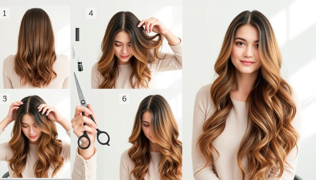 a detailed step-by-step tutorial for wolf cut hairstyle, featuring a woman with long, wavy brown hair demonstrating the cutting and styling process. The foreground shows her hands holding haircutting scissors, a comb, and styling products. The middle ground showcases the different stages of the wolf cut, from sectioning the hair to layering and texturizing. The background is a bright, minimalist studio setting with natural lighting, creating a clean, educational atmosphere. The overall mood is informative and aspirational, guiding the viewer through the key steps to achieve the trendy wolf cut.