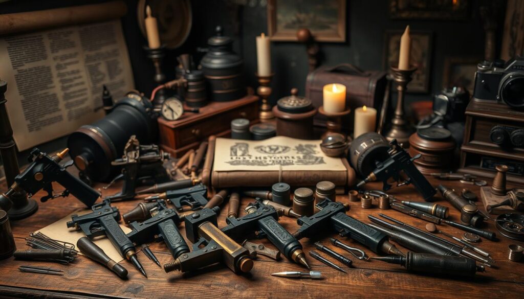 a detailed still life depicting an assortment of historical tattoo tools and techniques, arranged on a wooden table in a dimly lit, vintage-inspired studio setting. The foreground features a collection of antique tattoo guns, needles, and inks in a variety of shapes and colors, with a focus on their intricate designs and textures. The middle ground showcases traditional tattooing implements such as hand-poked tools, pigment grinders, and stencils, hinting at the diversity of tattooing practices throughout history. The background includes atmospheric elements like aged parchment, candles, and a vintage camera, creating a sense of historical gravitas. The lighting is soft and moody, casting dramatic shadows and highlighting the patina of the aged objects, evoking a sense of timelessness and the evolution of this ancient art form.