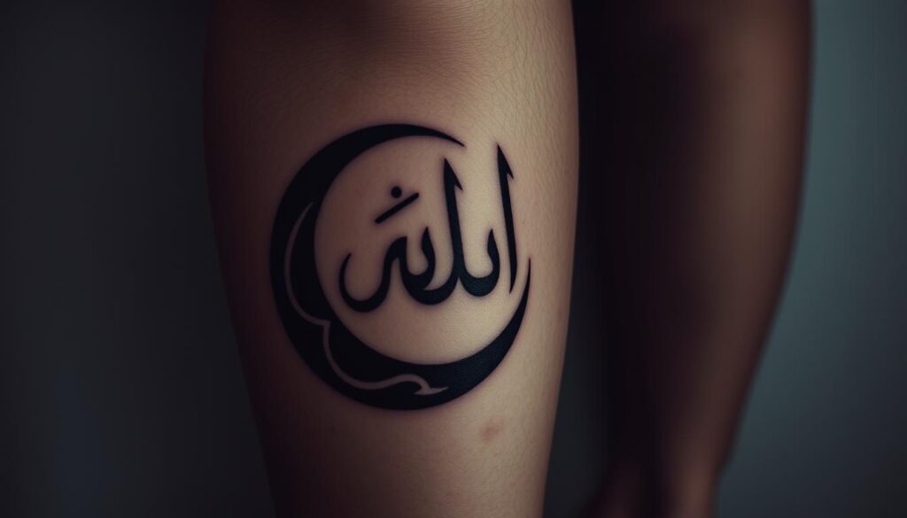 a detailed tattoo design of an Islamic religious symbol, such as a crescent moon or a calligraphic Arabic script, rendered in a dark, somber tone with muted colors and heavy shading to convey a sense of weight and contemplation; the tattoo is depicted against a neutral, minimalist background that allows the intricate design to take center stage; the lighting is soft and moody, creating a pensive, almost melancholic atmosphere that reflects the sensitive nature of the subject matter.