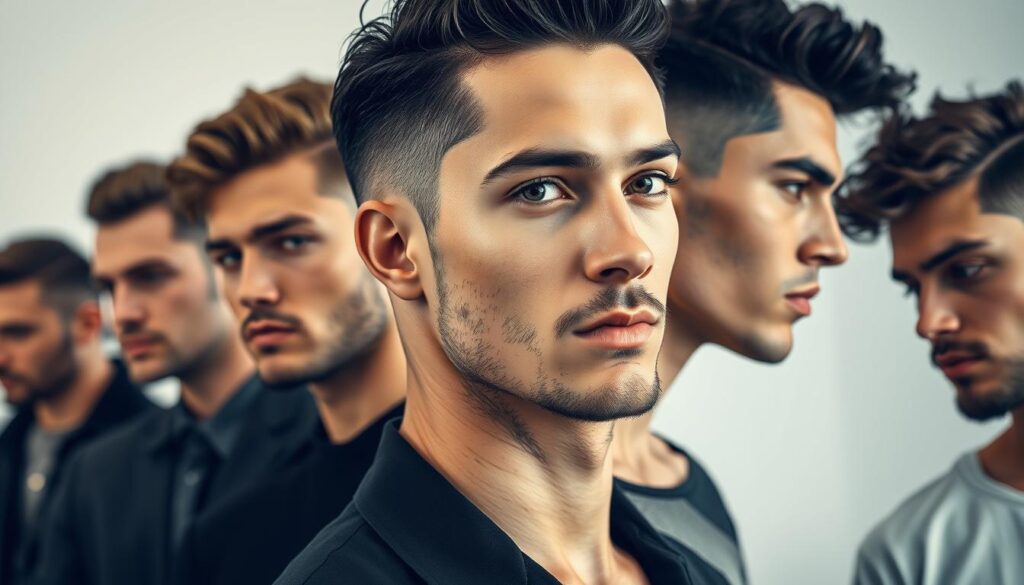 a high-quality, detailed photograph of various men's hairstyles, showcasing a range of contemporary and classic cuts. The foreground features a diverse group of stylish male models with well-groomed hair in different lengths, textures, and styles, such as slicked-back, messy, curly, and undercut looks. The middle ground highlights the intricate details of the haircuts, including natural highlights, fade patterns, and precise styling. The background is a clean, minimalist studio setting with soft, directional lighting that accentuates the models' features and hair. The overall atmosphere is sophisticated, fashionable, and inspiring, capturing the essence of the latest men's hair trends.