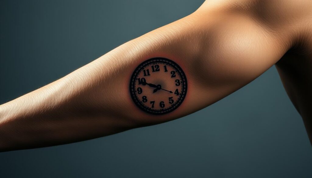 a highly detailed and photorealistic image of a clock tattoo on a muscular male forearm, with the clock face set to a special time such as 11:11 or 12:00, representing a meaningful moment or a lucky omen. The tattoo should be depicted with intricate, lifelike linework and shading, capturing the texture of the skin and the three-dimensional depth of the design. The lighting should be dramatic, with a mix of soft ambient illumination and contrasty directional light that accentuates the form and shadows of the tattoo. The background should be minimalist, allowing the tattoo to be the central focus, with perhaps a subtle gradient or textured surface to provide visual interest. The overall mood should be one of significance, symbolism, and personal meaning.