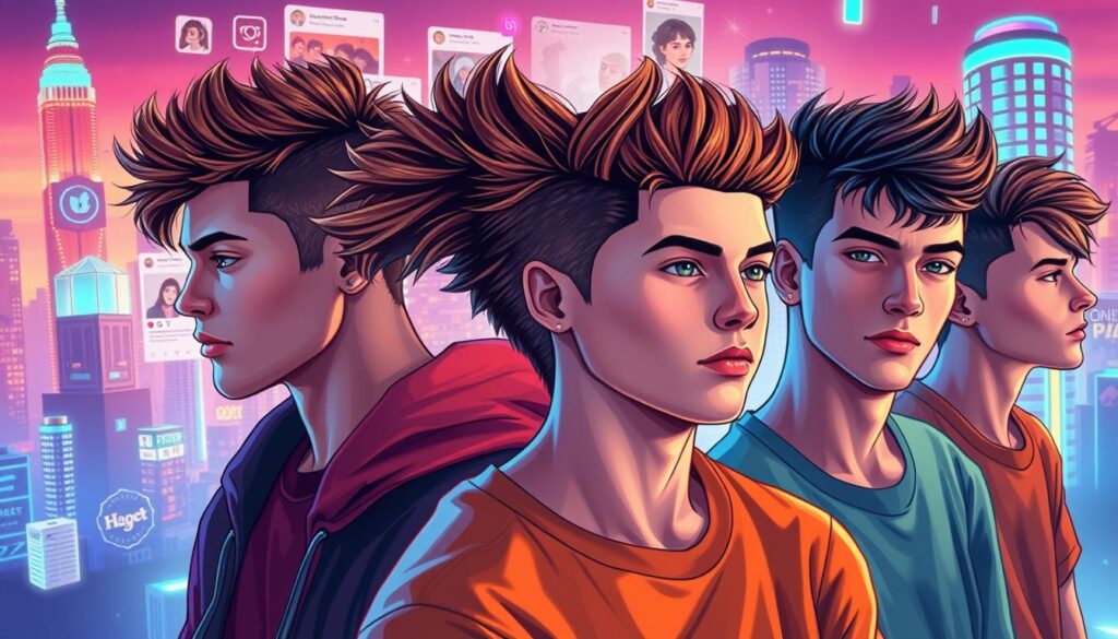 a highly detailed and stylized digital illustration of social media trends and inspiration surrounding the wolf cut hairstyle, with a focus on vibrant, dynamic colors and textures. In the foreground, a group of diverse young people showcase the wolf cut from various angles, highlighting its shaggy, layered, and textured appearance. The middle ground features a collage of social media posts, hashtags, and digital icons related to the wolf cut trend. The background depicts a dreamy, futuristic cityscape with neon-lit skyscrapers and holographic displays, conveying a sense of modern, urban style. The lighting is a combination of warm, diffused studio lighting and cool, directional lighting from the digital environment, creating depth and dimension. The overall mood is vibrant, youthful, and on-trend, reflecting the appeal and popularity of the wolf cut hairstyle.