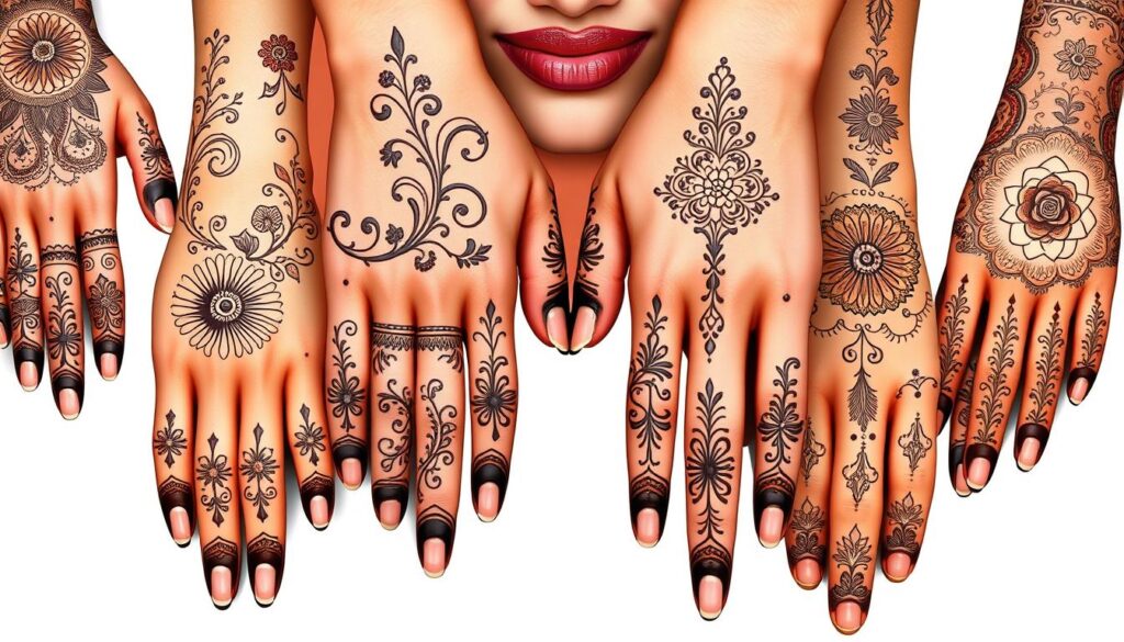 a highly detailed and vivid illustration of various popular henna tattoo designs, showcasing an array of intricate and delicate patterns covering the hands and arms of a female subject. The designs feature a mix of traditional Indian, Middle Eastern, and modern influences, with elements such as swirling vines, flowers, paisley motifs, and geometric shapes. The subject's skin is depicted with a warm, natural tone, and the henna designs are rendered in rich, earthy tones that contrast beautifully against the skin. The image is lit from a soft, natural angle, creating a sense of depth and dimension, and the focus is sharp, allowing the viewer to appreciate the fine details of the henna artwork. The overall mood is one of elegance, beauty, and cultural heritage. a highly detailed and vivid illustration of various popular henna tattoo designs, showcasing an array of intricate and delicate patterns covering the hands and arms of a female subject. The designs feature a mix of traditional Indian, Middle Eastern, and modern influences, with elements such as swirling vines, flowers, paisley motifs, and geometric shapes. The subject's skin is depicted with a warm, natural tone, and the henna designs are rendered in rich, earthy tones that contrast beautifully against the skin. The image is lit from a soft, natural angle, creating a sense of depth and dimension, and the focus is sharp, allowing the viewer to appreciate the fine details of the henna artwork. The overall mood is one of elegance, beauty, and cultural heritage.