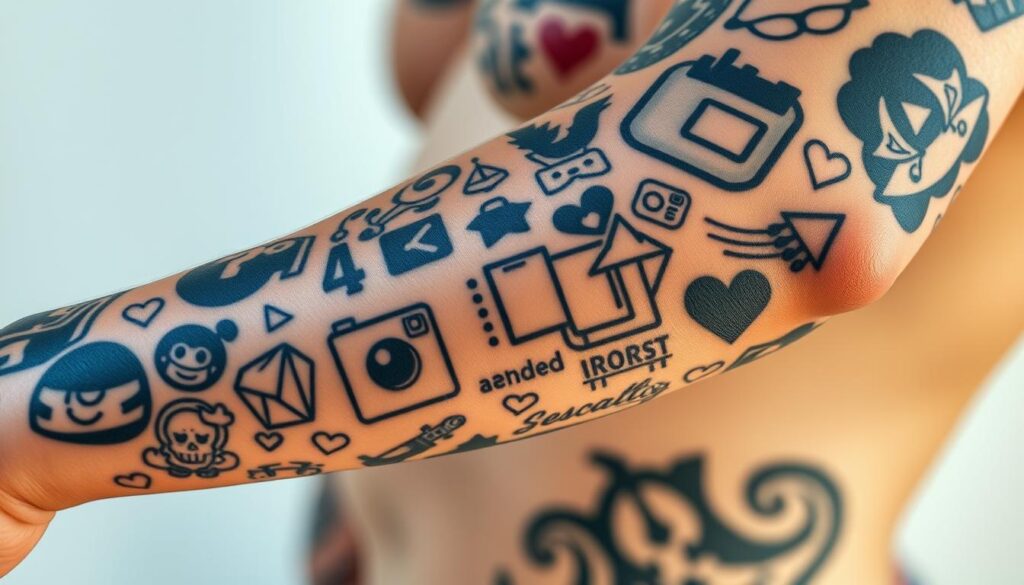 a highly detailed close-up photograph of intricate social media-inspired tattoos on a person's arm, hand, or torso, with a sharp focus and clean, vibrant lighting capturing the textures, designs, and symbolic elements of the tattoos, conveying a sense of the impact and influence of social media on modern culture and celebrity, set against a clean, minimalist background that allows the tattoos to be the central focus of the image
