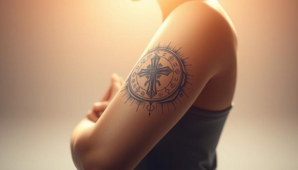 a highly detailed digital illustration of a Christian spiritual journey tattoo design, featuring a cross at the center surrounded by intricate symbolic elements representing the path of faith and personal growth. The tattoo is shown on the forearm of a person in a serene, contemplative pose, with soft, warm lighting accentuating the delicate linework and shading. The background is a minimalist, ethereal setting, creating a meditative atmosphere that reflects the deeply personal nature of the design. The overall composition conveys a sense of inner reflection, devotion, and the transformative power of one's spiritual journey.
