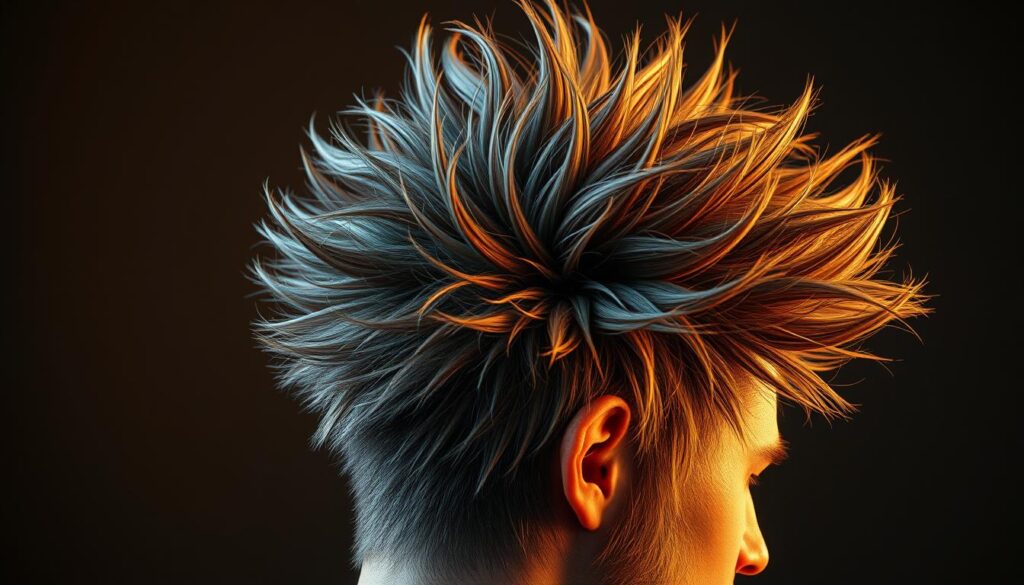 a highly detailed, hyper-realistic 8K digital art image of a voluminous, multi-layered hairstyle with a wolf cut and mullet hybrid texture, showcasing a mix of shaggy, wispy, and spiked strands in a variety of tones and hues, captured in soft, warm lighting that accentuates the depth and dimension of the hair, with a focus on the intricate interplay of shadows and highlights that create a dynamic, edgy aesthetic, shot from a slightly elevated perspective to emphasize the sculptural quality of the hairstyle