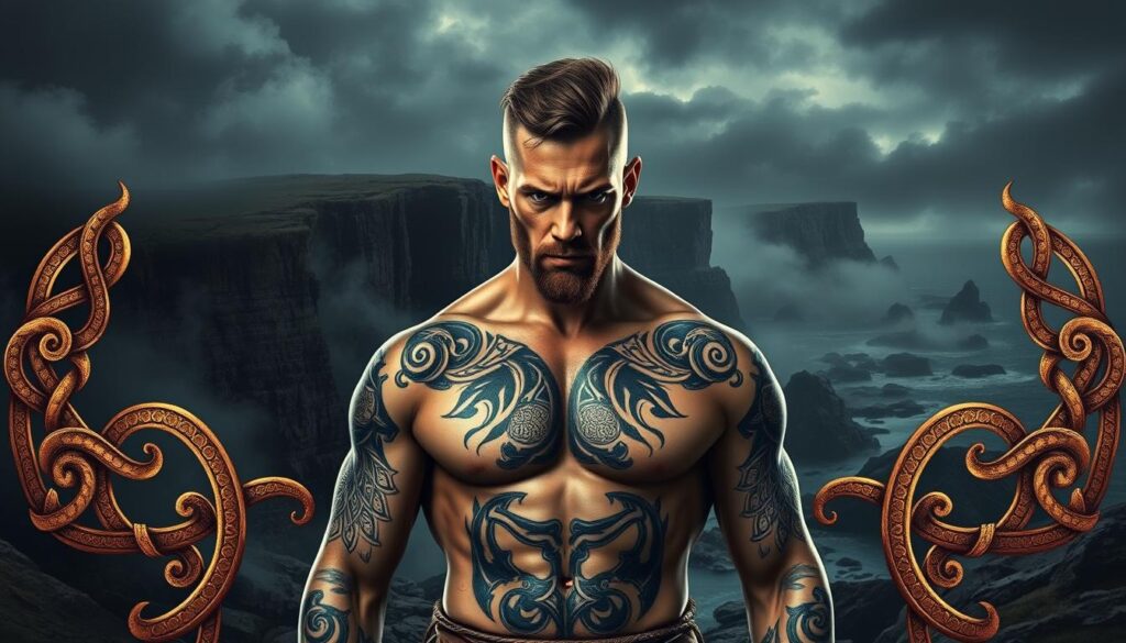 a highly detailed, hyper-realistic digital illustration of Celtic warrior tattoo designs, featuring a striking foreground of intricate, ancient-looking knotwork patterns and Celtic symbols such as spirals, triskeles, and runes, arranged in a symmetrical, visually striking composition that captures the fierce, mystical spirit of Celtic warrior culture. The middle ground showcases a muscular, shirtless Celtic warrior with a determined, battle-hardened expression, their body adorned with these powerful tattoo designs that appear to move and flow as if imbued with ancient magic. The background is a dark, moody landscape with swirling mists, rugged cliffs, and a stormy sky, creating an atmospheric, immersive scene that heightens the sense of the warrior's connection to the natural world and their Celtic heritage. Lighting is dramatic, with deep shadows and highlights that accentuate the details and textures of the tattoo designs and the warrior's physique. The overall impression is one of raw, untamed power and a