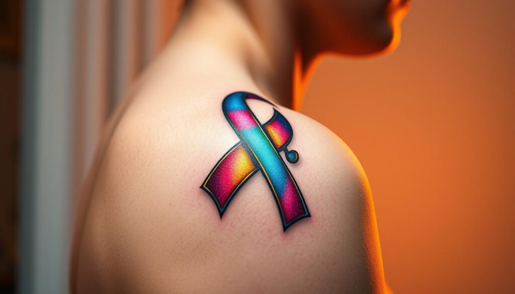 a highly detailed, hyper-realistic digital illustration of an autism awareness tattoo design, featuring a colorful puzzle piece motif with a shimmering gradient effect, set against a warm, softly-lit background that evokes a thoughtful, contemplative mood. The tattoo is depicted with intricate line work, vibrant hues, and subtle textures that capture the symbolism and personal significance of this meaningful body art. The composition is balanced and visually striking, drawing the viewer's attention to the powerful message and artistry of the design.