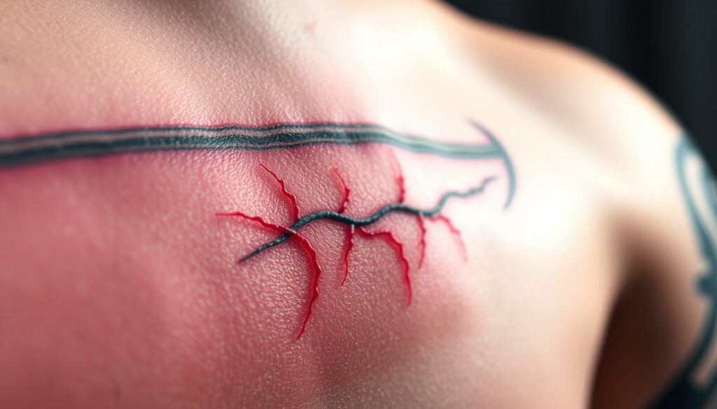 a highly detailed, hyper-realistic illustration of the skin layers and the process of ink deposition during a tattoo, viewed from a close-up angle. the foreground shows the outermost layer of the epidermis, with its intricate cellular structure and natural texture. in the middle ground, the dermis is revealed, showcasing the network of blood vessels and collagen fibers that carry the tattoo ink. the background depicts the subcutaneous fat layer, where the tattoo needle penetrates the skin. the lighting is soft and diffused, creating a sense of depth and dimensionality. the color palette is muted and subdued, with shades of pink, red, and blue predominating to mimic the natural tones of human skin. the overall mood is one of scientific curiosity and educational clarity, inviting the viewer to understand the complex biological processes involved in the art of tattooing.
