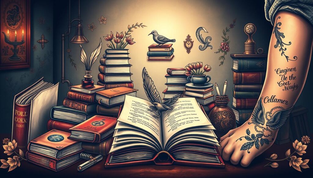 a highly detailed, hyper-realistic illustration of various iconic book tattoo designs, showcasing intricate line work, rich colors, and meaningful literary motifs. The foreground features a selection of book spines, covers, and pages, each transformed into a unique tattoo design, including a quill and ink, an open book with a bird taking flight, and a classic novel title inked onto a human arm. The middle ground depicts a variety of complementary literary symbols and elements, such as stacks of books, elegant book shelves, and delicate botanical accents. The background is a softly lit, moody environment, evoking a sense of reverence and appreciation for the written word. The overall composition is balanced, visually striking, and captures the essence of "Iconic Book Tattoo Designs".