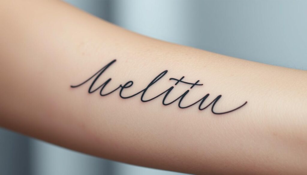 a highly detailed, hyper-realistic image of elegant script tattoo art on a human arm, seen from a medium close-up angle. the tattoo is gracefully flowing script in a delicate, flowing cursive style, rendered in a soft, muted color palette of grays, blues, and greens. the skin has a natural, lifelike texture and the tattoo appears as if it has been expertly inked onto the subject's arm. the lighting is soft and diffused, creating a serene, peaceful mood. the composition emphasizes the artistry and beauty of the script tattoo design, showcasing its intricate details and flowing lines.